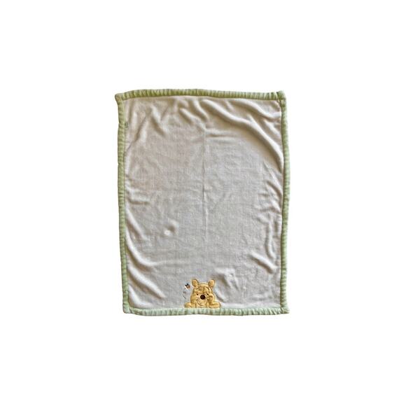 Disney Baby Winnie the Pooh Plush Baby Blanket Cream Green Trim Peeking Bee - Picture 1 of 4
